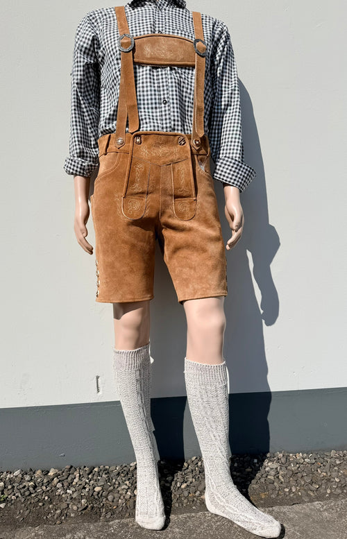 Heren lederhosen maat 48 tm 64 met bretels echt (rund)leer! (cognac)